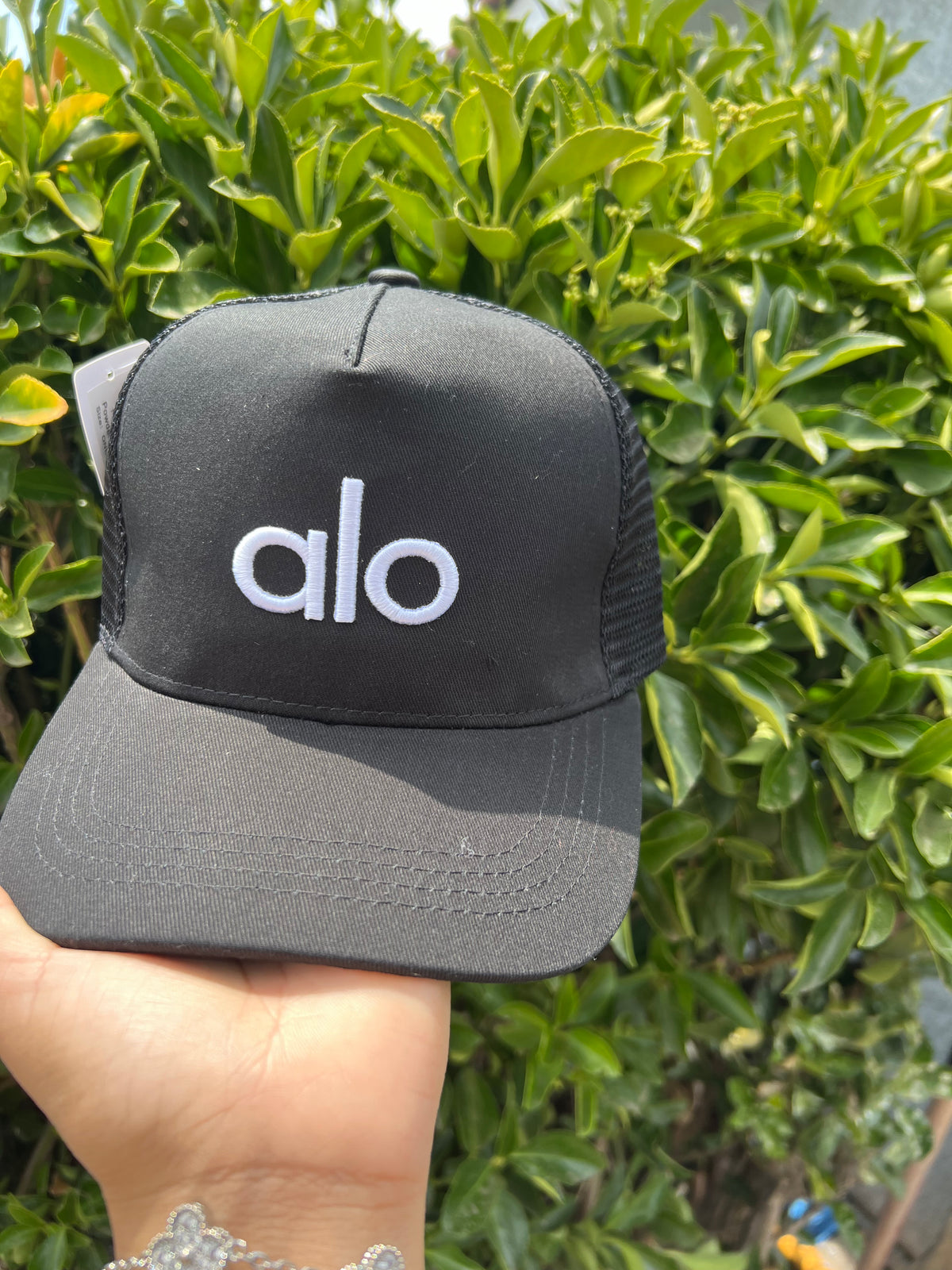 Alo Yogo Black Mesh Trucker Hat with White Logo. UNISEX! Alo Hat Cap Snap Back Mens One Size Black Mesh Trucker Logo  main image 2